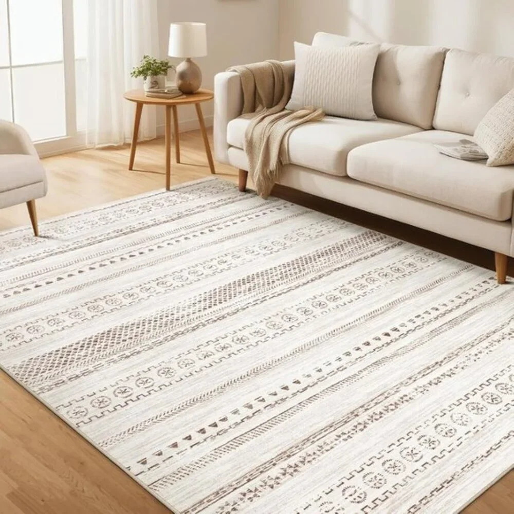 New 5x7 Washable Boho Area Rug – Neutral Farmhouse Style Living Room Rug